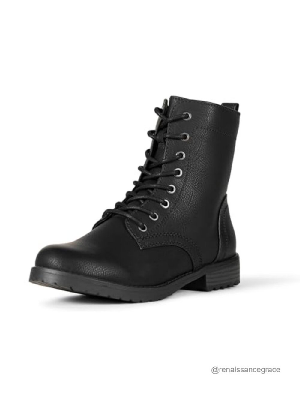 Faux Leather Lace-Up Combat Ankle Boots Lug Sole Side Zipper Memory Foam